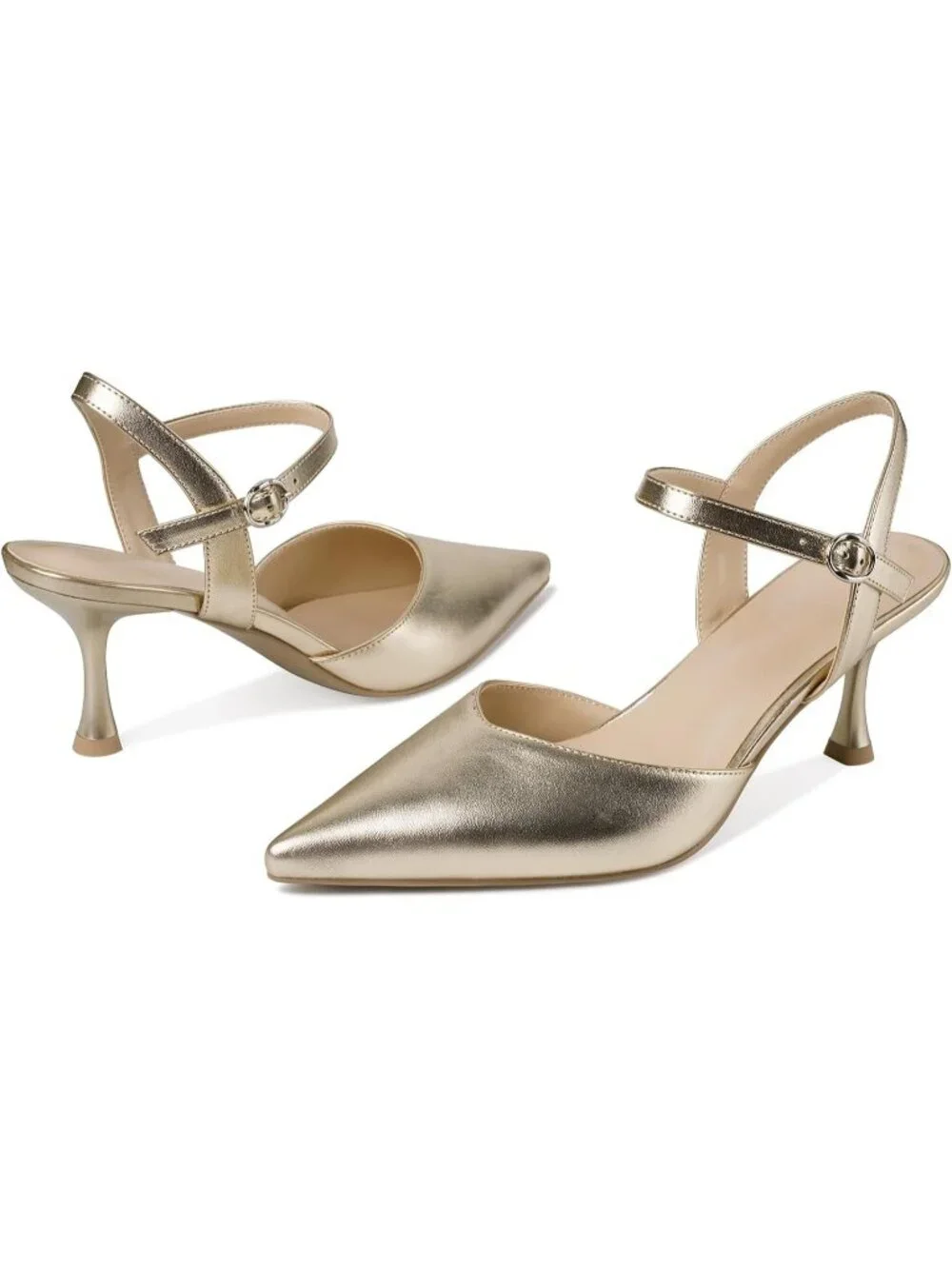 Women's Gold Faux Leather Comfortable Ankle Strap Closed Toe Kitten Heels Pumps